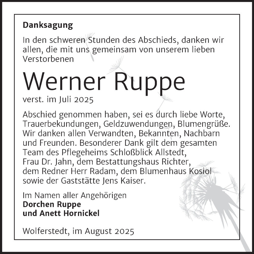  Traueranzeige für Werner Ruppe vom 27.08.2025 aus Trauerkombi Sangerhausen