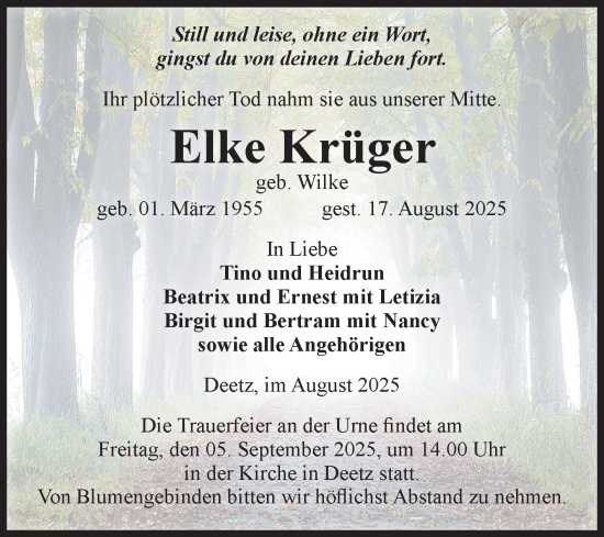 Traueranzeige von Elke Krüger von Volksstimme Zerbst