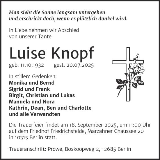 Traueranzeige von Luise Knopf von Volksstimme Haldensleben / Wolmirstedt