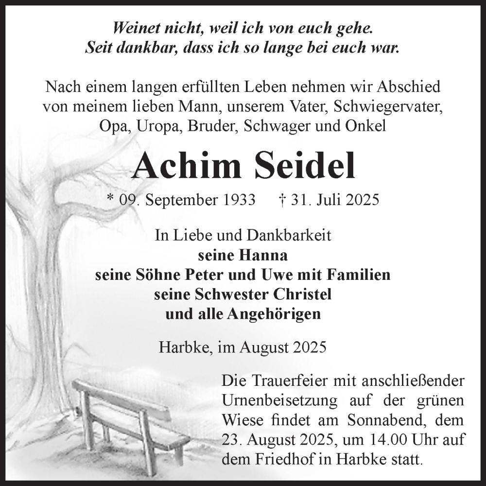  Traueranzeige für Achim Seidel vom 09.08.2025 aus Volksstimme Oschersleben/Wanzleben
