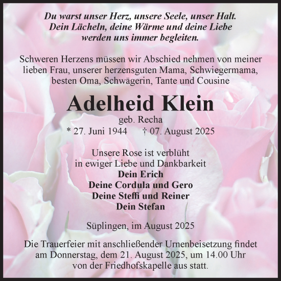 Traueranzeige von Adelheid Klein von Volksstimme Haldensleben/Wolmirstedt