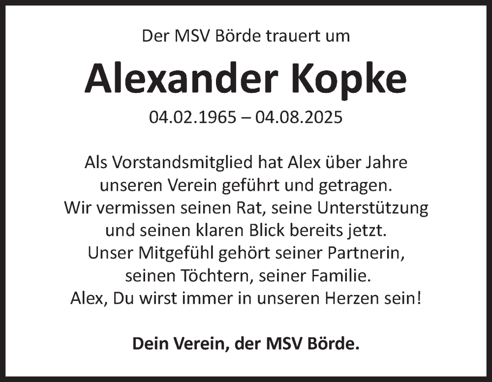  Traueranzeige für Alexander Kopke vom 16.08.2025 aus Volksstimme Magdeburg