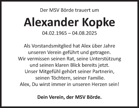 Traueranzeige von Alexander Kopke von Volksstimme Magdeburg
