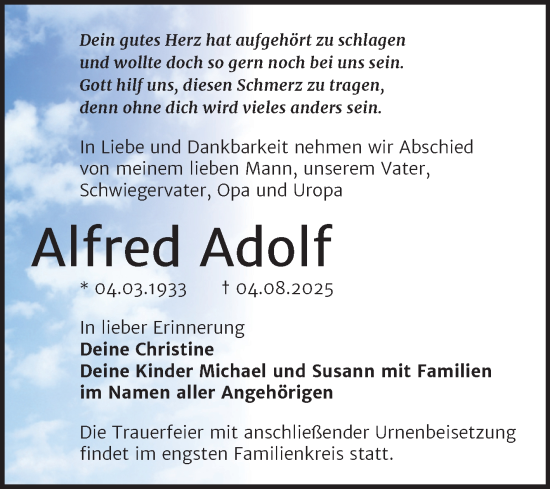 Traueranzeige von Alfred Adolf von Trauerkombi Wittenberg