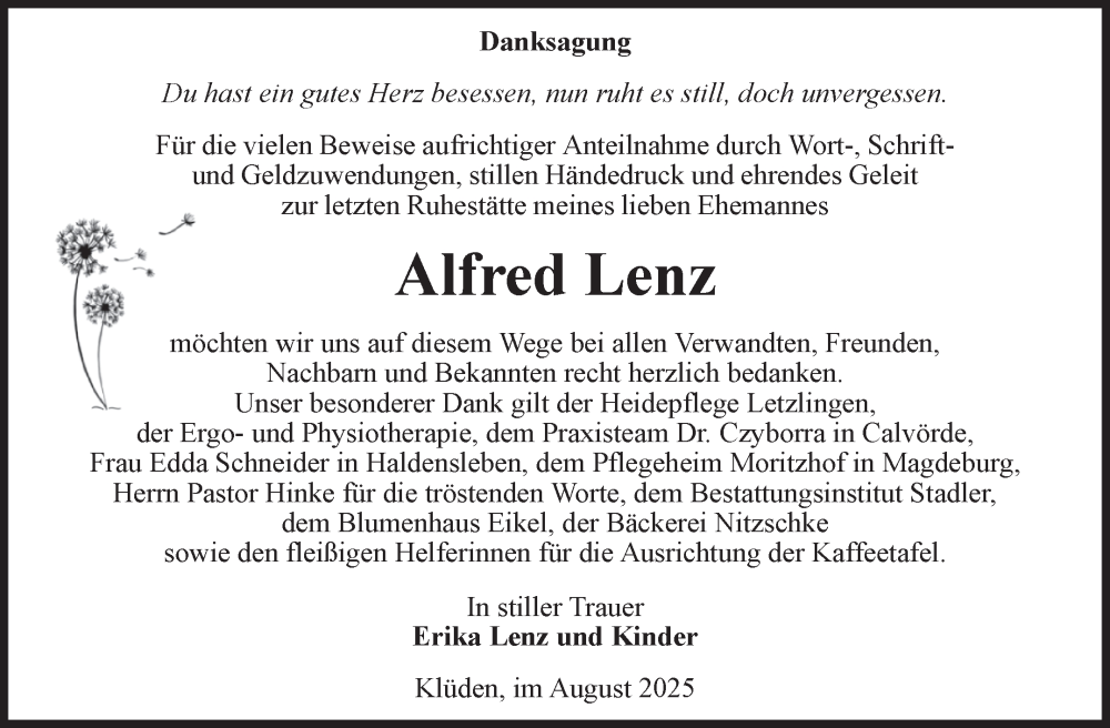  Traueranzeige für Alfred Lenz vom 23.08.2025 aus Volksstimme Haldensleben/Wolmirstedt