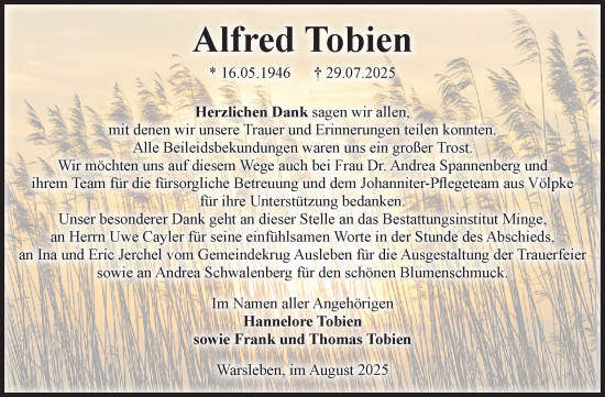 Traueranzeige von Alfred Tobien von Volksstimme Oschersleben/Wanzleben