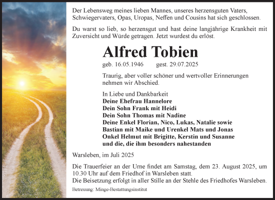 Traueranzeige von Alfred Tobien von Volksstimme Oschersleben/Wanzleben