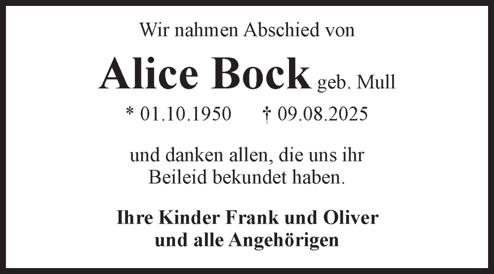  Traueranzeige für Alice Bock vom 23.08.2025 aus Volksstimme Oschersleben/Wanzleben