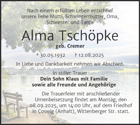 Traueranzeige von Alma Tschöpke von Trauerkombi Wittenberg
