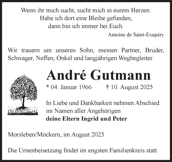 Traueranzeige von Andre Gutmann von Volksstimme Haldensleben/Wolmirstedt
