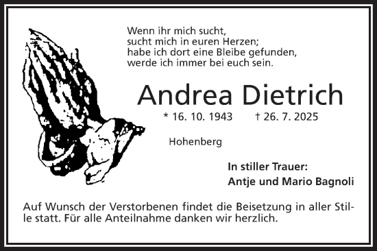 Traueranzeige von Andrea Dietrich von Volksstimme Magdeburg