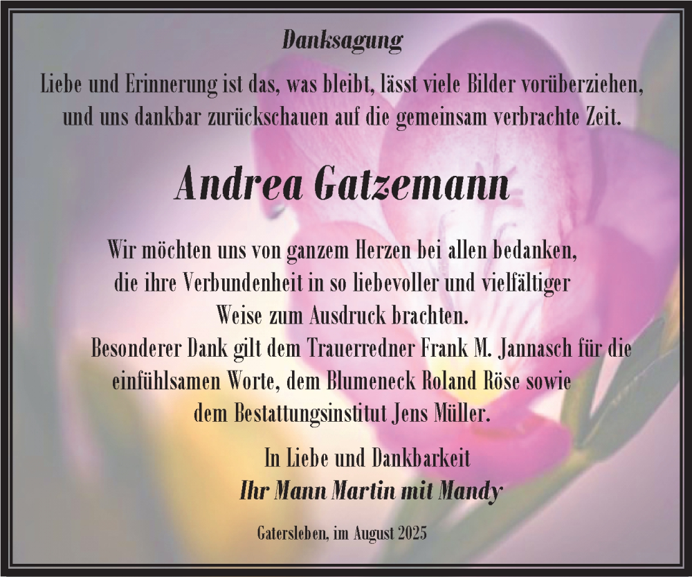  Traueranzeige für Andrea Gatzemann vom 23.08.2025 aus Trauerkombi Aschersleben