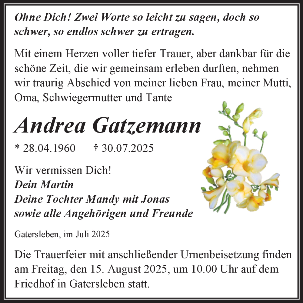  Traueranzeige für Andrea Gatzemann vom 09.08.2025 aus Trauerkombi Aschersleben