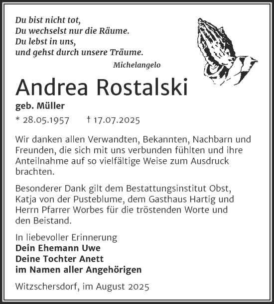 Traueranzeige von Andrea Rostalski von Trauerkombi Merseburg