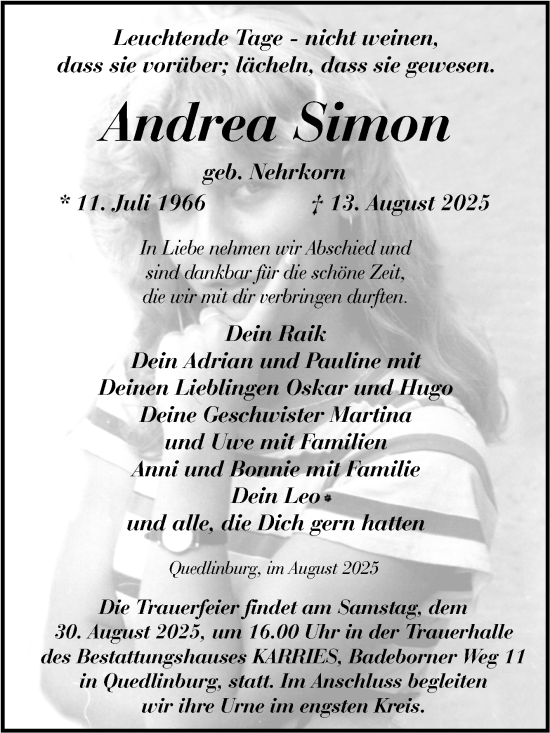 Traueranzeige von Andrea Simon von Trauerkombi Quedlinburg