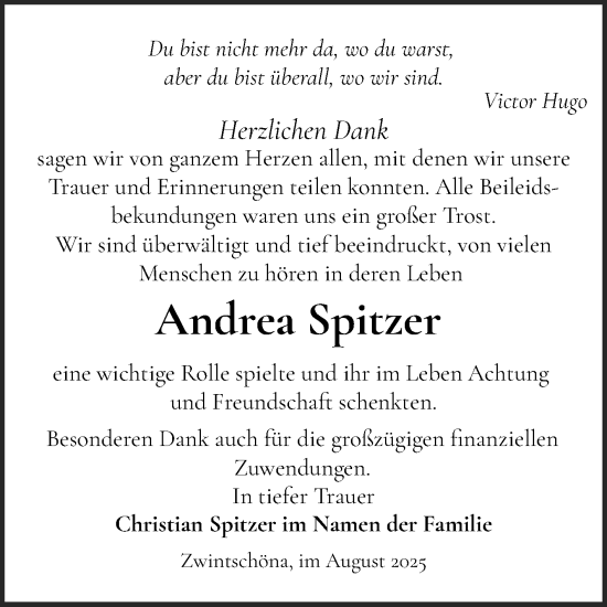 Traueranzeige von Andrea Spitzer von Mitteldeutsche Zeitung Halle/Saalkreis