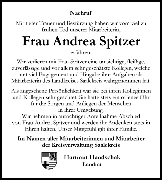 Traueranzeige von Andrea Spitzer von Mitteldeutsche Zeitung Regionalausgabe Mitte