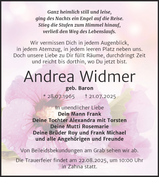 Traueranzeige von Andrea Widmer von Trauerkombi Wittenberg