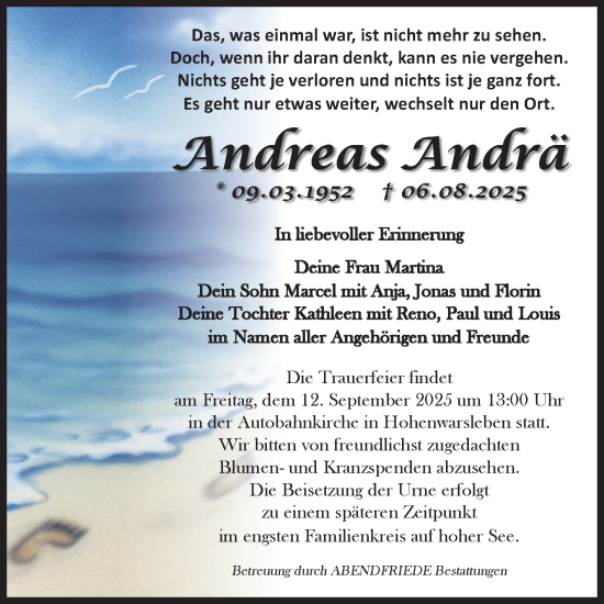 Traueranzeige von Andreas Andrä von Volksstimme Haldensleben/Wolmirstedt