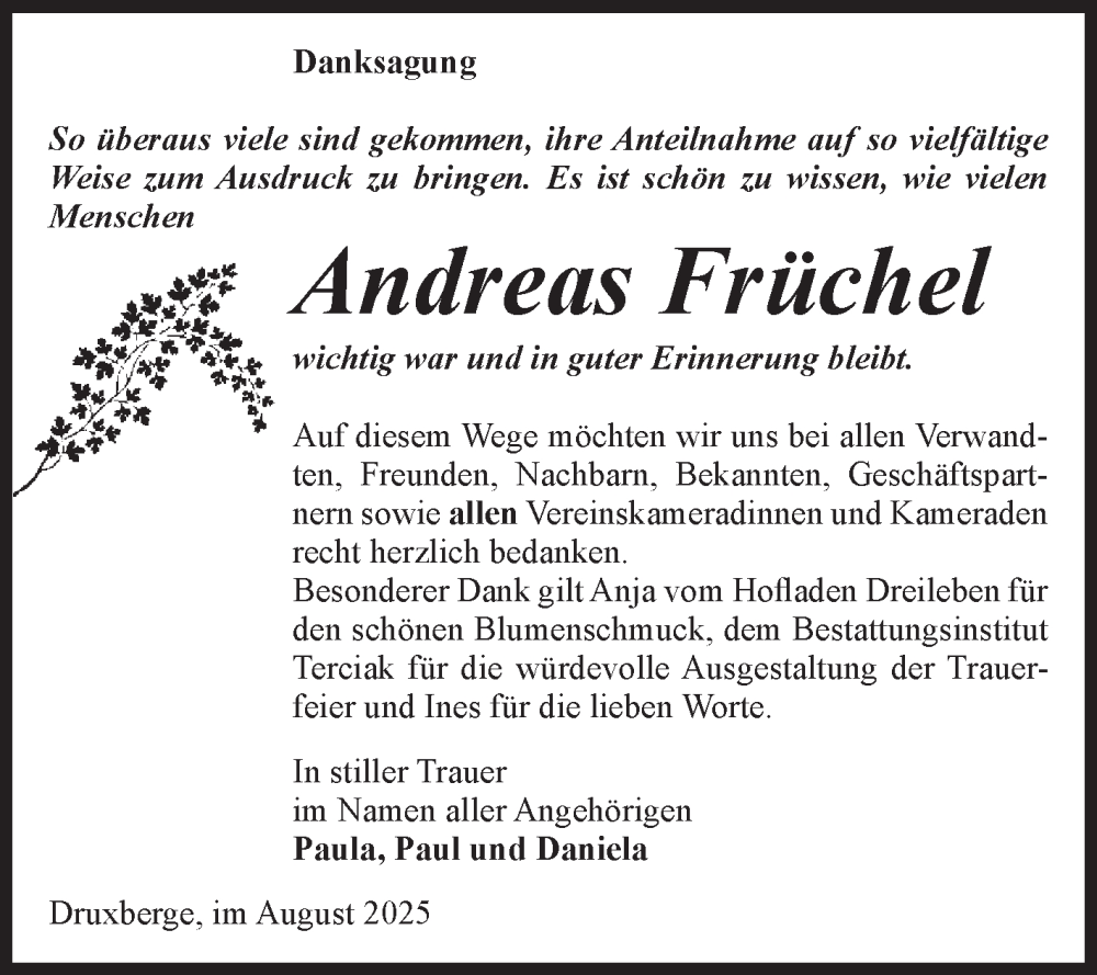  Traueranzeige für Andreas Früchel vom 16.08.2025 aus Volksstimme Oschersleben/Wanzleben