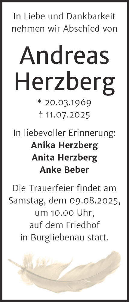 Traueranzeige von Andreas Herzberg von Mitteldeutsche Zeitung Halle/Saalkreis