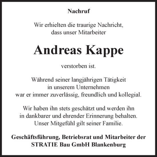 Traueranzeige von Andreas Kappe von Volksstimme Halberstadt