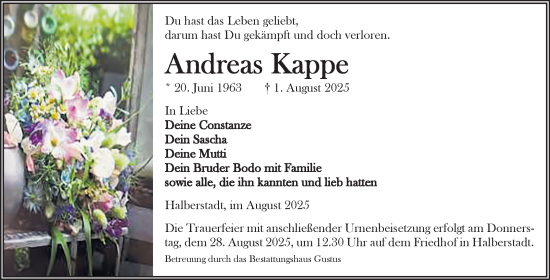 Traueranzeige von Andreas Kappe von Volksstimme Halberstadt