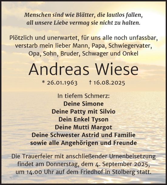Traueranzeige von Andreas Wiese von Trauerkombi Sangerhausen