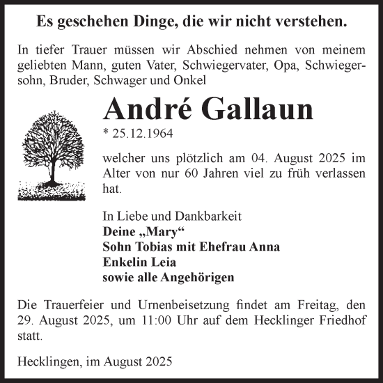 Traueranzeige von André Gallaun von Volksstimme Staßfurt