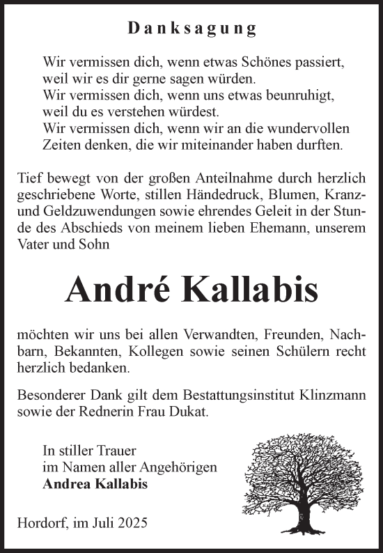 Traueranzeige von André Kallabis von Volksstimme Oschersleben/Wanzleben