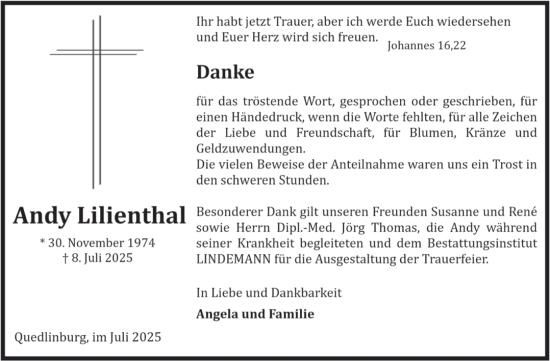 Traueranzeige von Andy Lilienthal von Trauerkombi Quedlinburg