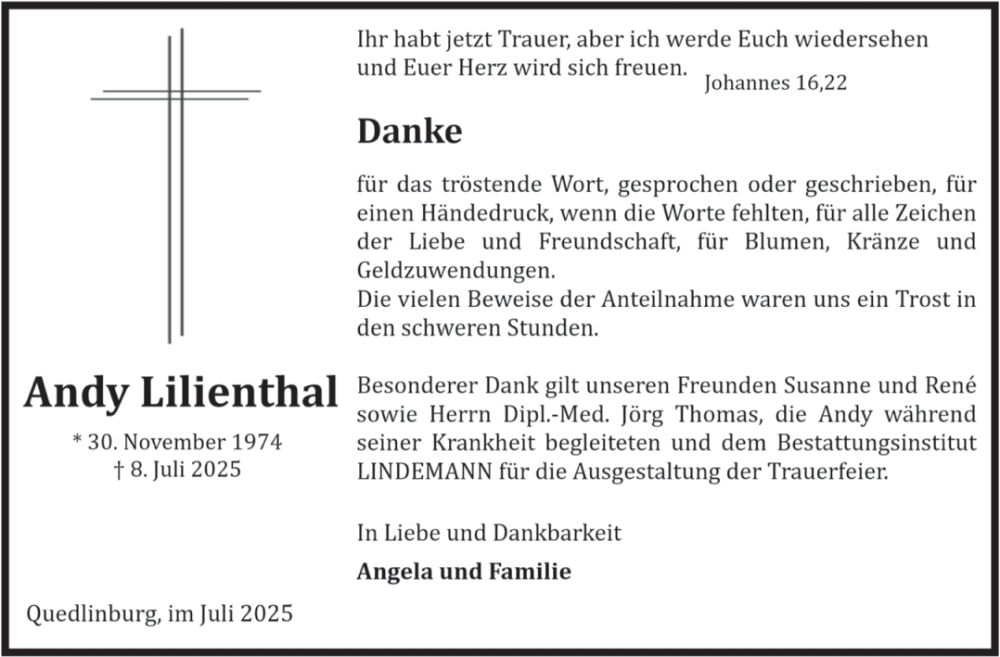  Traueranzeige für Andy Lilienthal vom 02.08.2025 aus Trauerkombi Quedlinburg