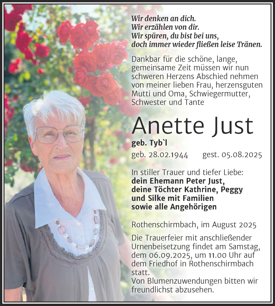  Traueranzeige für Anette Just vom 30.08.2025 aus Trauerkombi Mansfelder Land