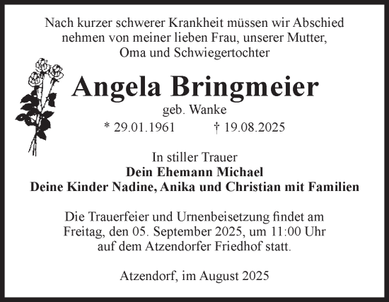 Traueranzeige von Angela Bringmeier von Volksstimme Staßfurt