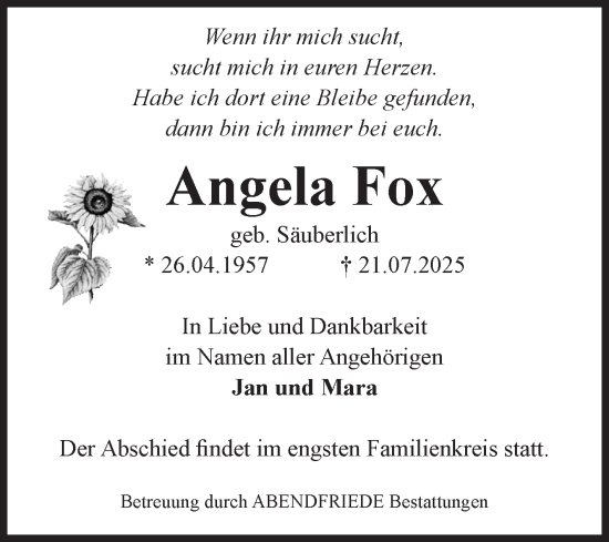 Traueranzeige von Angela Fox von Volksstimme Magdeburg