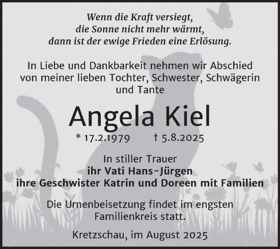 Traueranzeige von Angela Kiel von Trauerkombi Zeitz