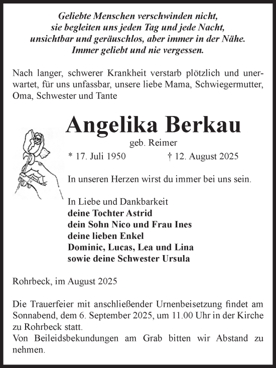 Traueranzeige von Angelika Berkau von Volksstimme Altmark Ost