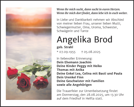 Traueranzeige von Angelika Brod von Trauerkombi Mansfelder Land