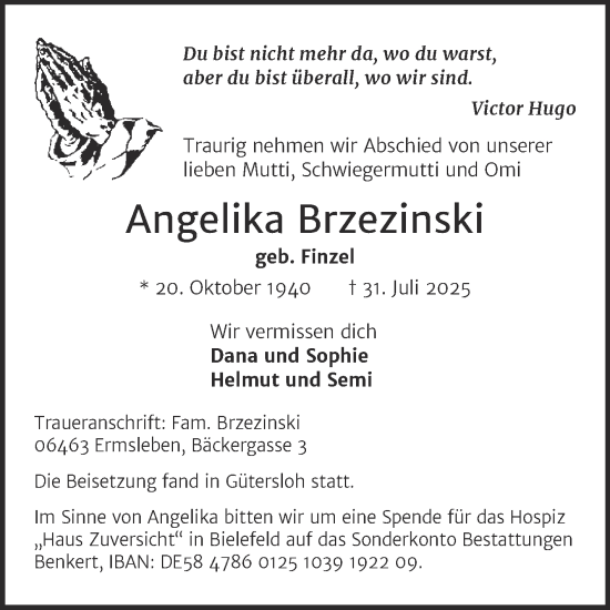 Traueranzeige von Angelika Brzezinski von Super Sonntag Quedlingburg