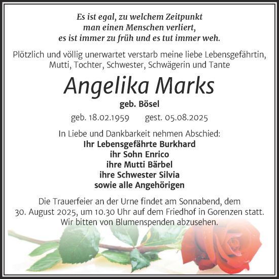 Traueranzeige von Angelika Marks von Mitteldeutsche Zeitung Mansfelder Land