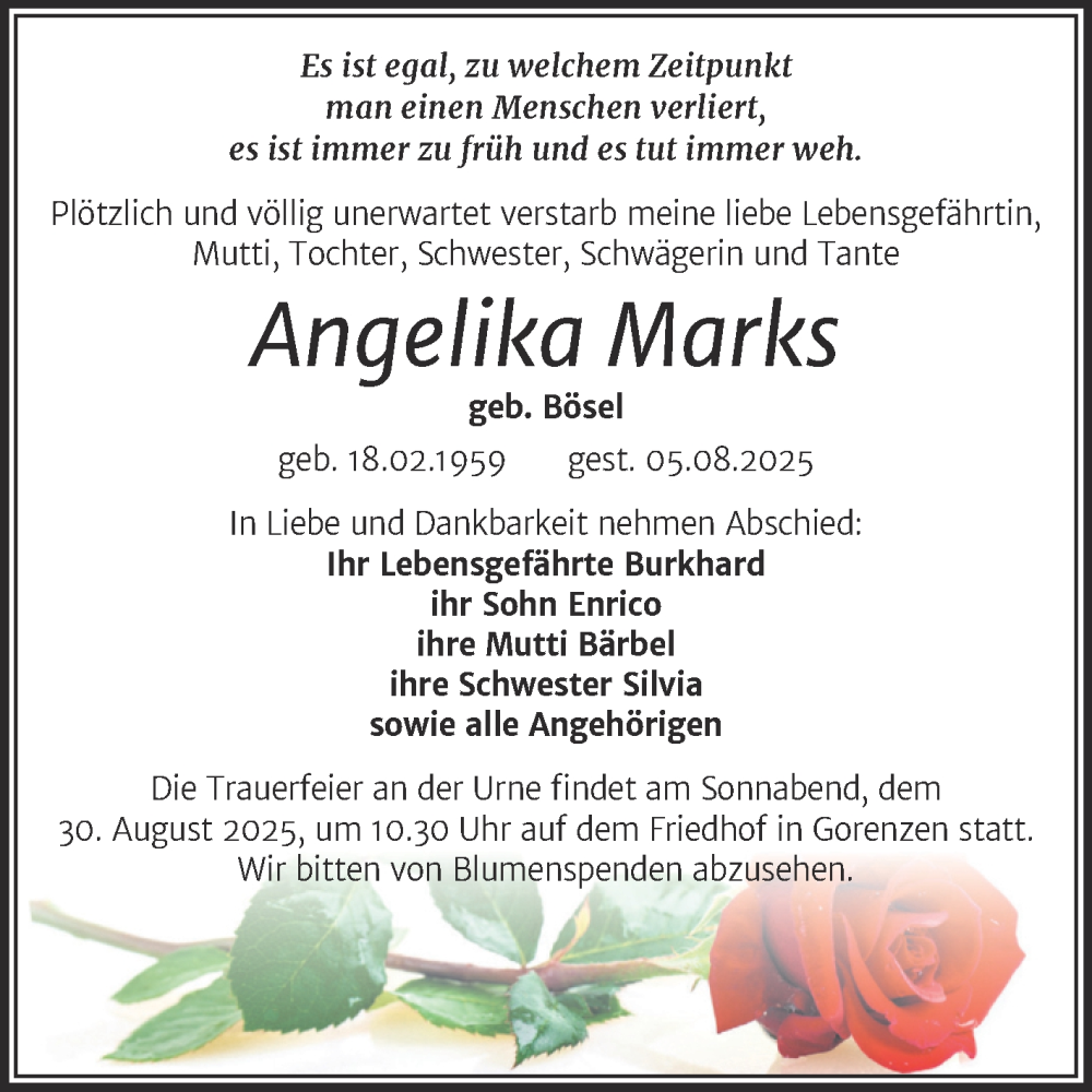  Traueranzeige für Angelika Marks vom 14.08.2025 aus Mitteldeutsche Zeitung Mansfelder Land