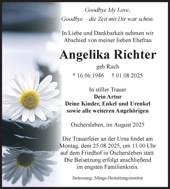 Traueranzeige von Angelika Richter von Volksstimme Oschersleben/Wanzleben