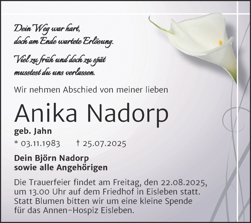  Traueranzeige für Anika Nadorp vom 16.08.2025 aus Trauerkombi Mansfelder Land