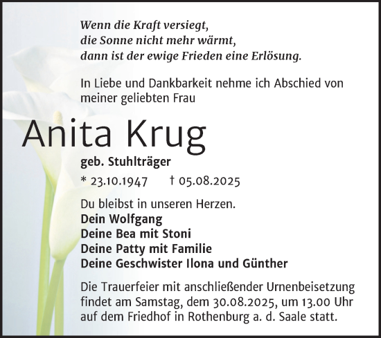 Traueranzeige von Anita Krug von Mitteldeutsche Zeitung Halle/Saalkreis