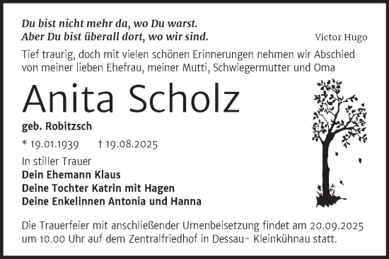 Traueranzeige von Anita Scholz von Trauerkombi Dessau