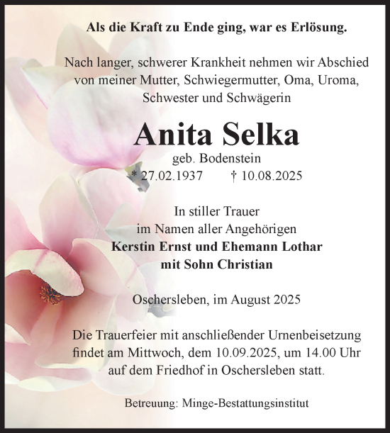Traueranzeige von Anita Selka von Volksstimme Oschersleben/Wanzleben