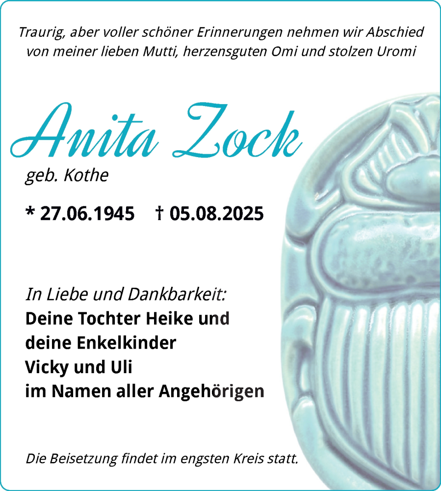  Traueranzeige für Anita Zock vom 23.08.2025 aus Mitteldeutsche Zeitung Halle/Saalkreis