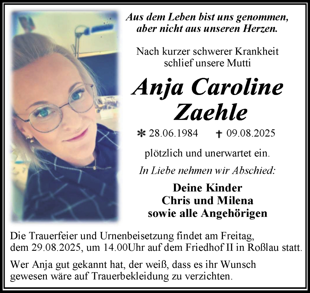  Traueranzeige für Anja Caroline Zaehle vom 16.08.2025 aus Trauerkombi Dessau