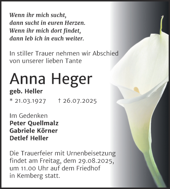 Traueranzeige von Anna Heger von Trauerkombi Wittenberg