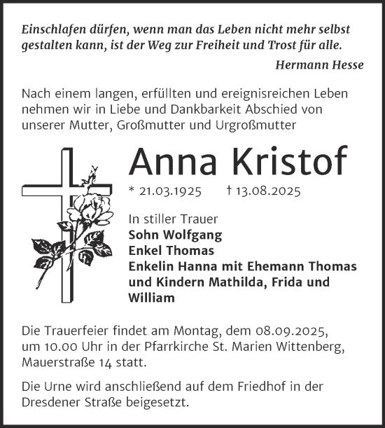 Traueranzeige von Anna Kristof von Trauerkombi Wittenberg